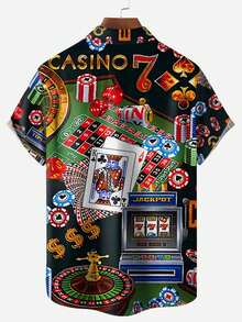 Plus Size Men's Button-Down Playing Card Print Hawaiian Shirt, Short Sleeve Summer - Multicolor - View 3