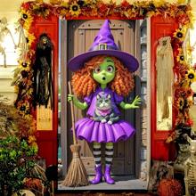 1pc (35*70inch/90*180cm) Polyester Halloween Door Banner Decoration, Cute 2D Cartoon Style Green Witch & Cat Design, Suitable For Home, Garden, Yard, Indoor/Outdoor Party Decor