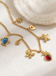 1Pc New Stainless Steel Starfish Necklace Women's Ocean Element Shell Dolphin Pendant Pearl Pearl Necklace