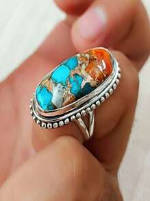 Anillo de estilo vintage con turquesa sintética hermosa, anillo de moda perfecto para aniversarios y fiestas de cumpleaños (patrón aleatorio de turquesa)