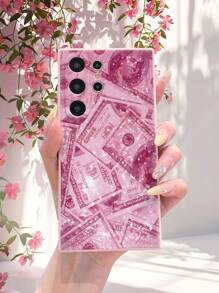 1pc Banknote Pattern Pink Edge Matte Lens Protection Anti-Fall Phone Case Compatible With Samsung//Redmi/VIVO/OPPO