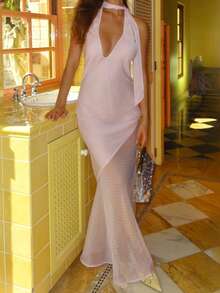 Summer Dresses For Women 2025 Halter Maxi Dress With Scarf Mini Dot Print Backless Bodycon Long Dress Slim Fit Going Out Dresses Wedding Guest Dresses Elegant Cocktail Party Dress Club Streetwear Beach Vacation Aesthetic Clothes Outfit - Hồng - Xem 1