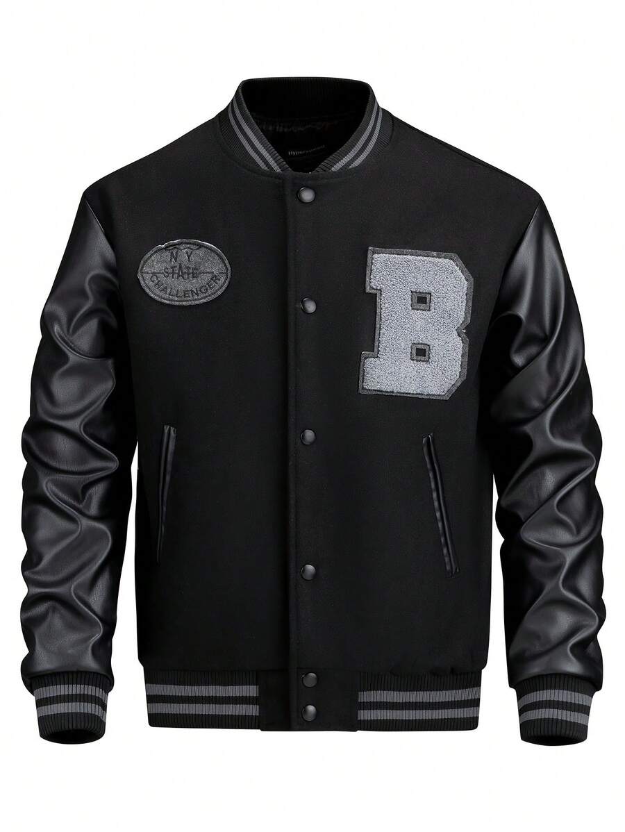 Men's Stylish Varsity Jacket, Button-Up Baseball Jacket With Fancy Embroidered Design & Pockets, Comfortable Fit Outerwear - Black - View 1