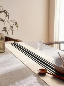 1pc Black & White Geometric Lines Linen Tablecloth/Table Runner, Suitable For Home Dining Room, Indoor Decor, Rectangle Table, Kitchen Cabinet, TV Stand. Romantic Wedding, Outdoor Party, Holiday Party Tabletop Decor, Heat Resistant & Washable