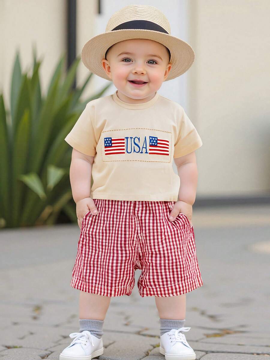 Conjunto de Ropa de Bebé y Niño Pequeño para el 4 de Julio - Camiseta con bordado de bandera americana + Pantalones cortos a cuadros, Atuendos adorables de verano para el Cuatro de Julio - Albaricoque - Ver 1