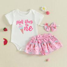 Half Way To One Newborn Baby Girls Birthday Outfits Letter Print Romper Bodysuit Top + Strawberry/Ice Cream/Orange/Watermelon Print Shorts + Bow Headband 3Pcs Clothes Set - 粉色 - 查看 4