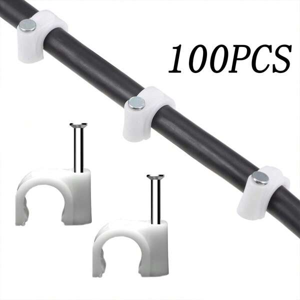 Clips de cable con clavos de acero 100 piezas - Blanco - Clips de cable estabilizados con UV para gestión de cables, pared, ethernet, construcción, uso en interiores y exteriores