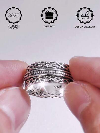 1 pieza Anillo de mujer de plata de ley S925 con nudo celta giratorio, diseño hueco, patrón trenzado vintage, estilo punk, personalizado y adecuado para uso diario, regalo para Halloween, Pascua, Día de San Valentín, Día de la Madre, festival de música, cumpleaños, viene con caja de regalo