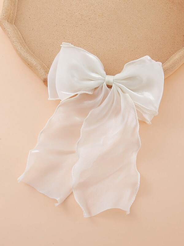 1pc Beige Mesh Oversized Bow Shaped Wavy Ribbon Spring Clip, Elegant And Soft Hairpin Headpiece For Spring