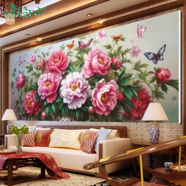 qingfei Bordado em Ponto Cruz de Flor de Peônia Qingfei, Arte Floral de Parede para Decoração de Sala de Estar e Quarto