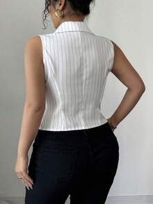 条纹印花前扣不对称下摆无袖上衣 - 白色 - 查看 2