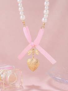 1 Pezzo Collana con ciondolo a cuore rosa francese con fiocco e perle, design esclusivo, dolce e semplice, per la clavicola