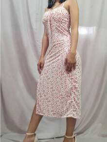 Vestido floreado Estampado Integral floral de margarita Casual Elegante Tela Espalda al aire Cremallera Abertura alta - Rojo - Ver 4