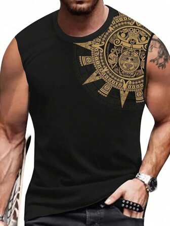 男士复古 3D 几何印花背心 - 无袖、圆领休闲夏装，