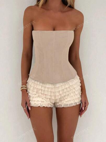 Women's Solid Color Mesh Waist Cinched Blouse For Autumn