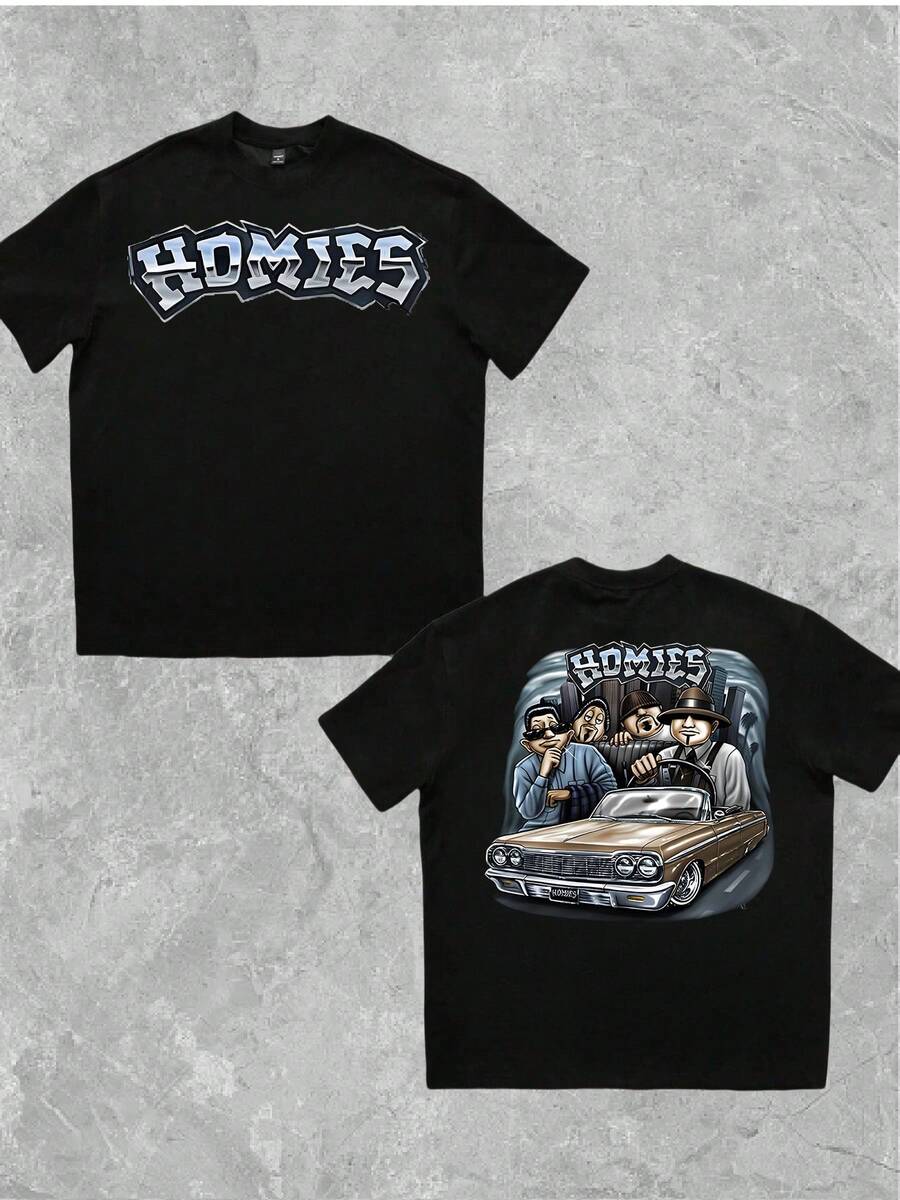 Men's T Shirt 1Pcs 100% Cotton With Urban Inspired "HOMIES" Graphic Double Sided Digital Print 220g Heavyweight - 黑色 - 查看 1