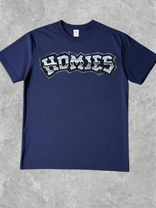 Men's T Shirt 1Pcs 100% Cotton With Urban Inspired "HOMIES" Graphic Double Sided Digital Print 220g Heavyweight - 藍色 - 查看 2