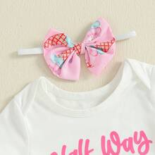 Half Way To One Newborn Baby Girls Birthday Outfits Letter Print Romper Bodysuit Top + Strawberry/Ice Cream/Orange/Watermelon Print Shorts + Bow Headband 3Pcs Clothes Set - 粉色 - 查看 7