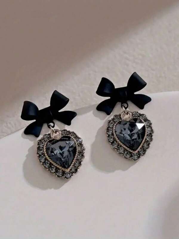 Black Bowknot Stud Earrings, Heart Earrings, Party Jewelry, Christmas Halloween Gift, New Year's Gift, Valentine's Day Gift For Women Mom Family Friends