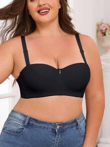 1pc Plus Size Solid Color Lift & Gather Underwire Bra, Elegant Comfortable Minimalist Adjustable Strap Partial Coverage Romantic Lingerie - Black - View 5