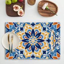 A Set Of 4/6pcs With Blue Patterns, Table Placemats, Made Of Machine Washable Polyester Fiber, This Rectangular Heat-Resistant Placemat Is Heat-Resistant, Stain Resistant, Waterproof, And Easy To Clean. It Is Suitable For Desktop Decoration, Holiday Party Decoration, And Desktop Protection, And Is Suitable For Both Home And Outdoor Use