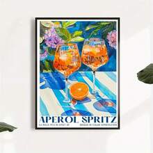 1 Impresión artística en lienzo Aperol Spritz - Una decorativa de pared vibrante de estilo italiano adecuada para salas de estar, dormitorios y oficinas en casa, póster sin marco con fondo naranja y a rayas, apto para arte de pared interior en cocinas, baños y talla grande