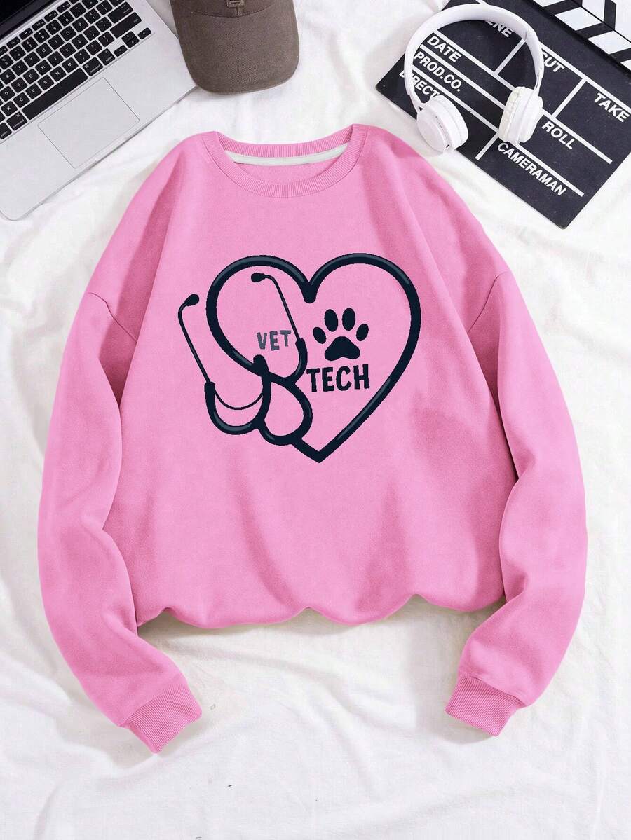Stethoscope Vet Tech With Paw Print Women's Fashion Sweatshirts - Pink - View 1
