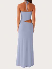 Women Long Dress, Sleeveless Halterneck Backless Hollowed Solid Slim Fit Cocktail Dress