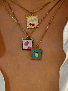 1 pieza Collar con colgante de cereza de fruta linda, collar con colgante cuadrado versátil de fresa colorida o limón de moda para mujer