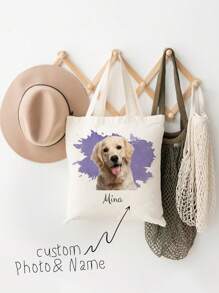 1pc Custom Pet Photo And Name Canvas Tote Bag - Personalized Pet Portrait Bag - Dog Bag For Women - Dog Mom Bag .This Personalized Tote Bag Is Light And Thin. After You've Finished Using It