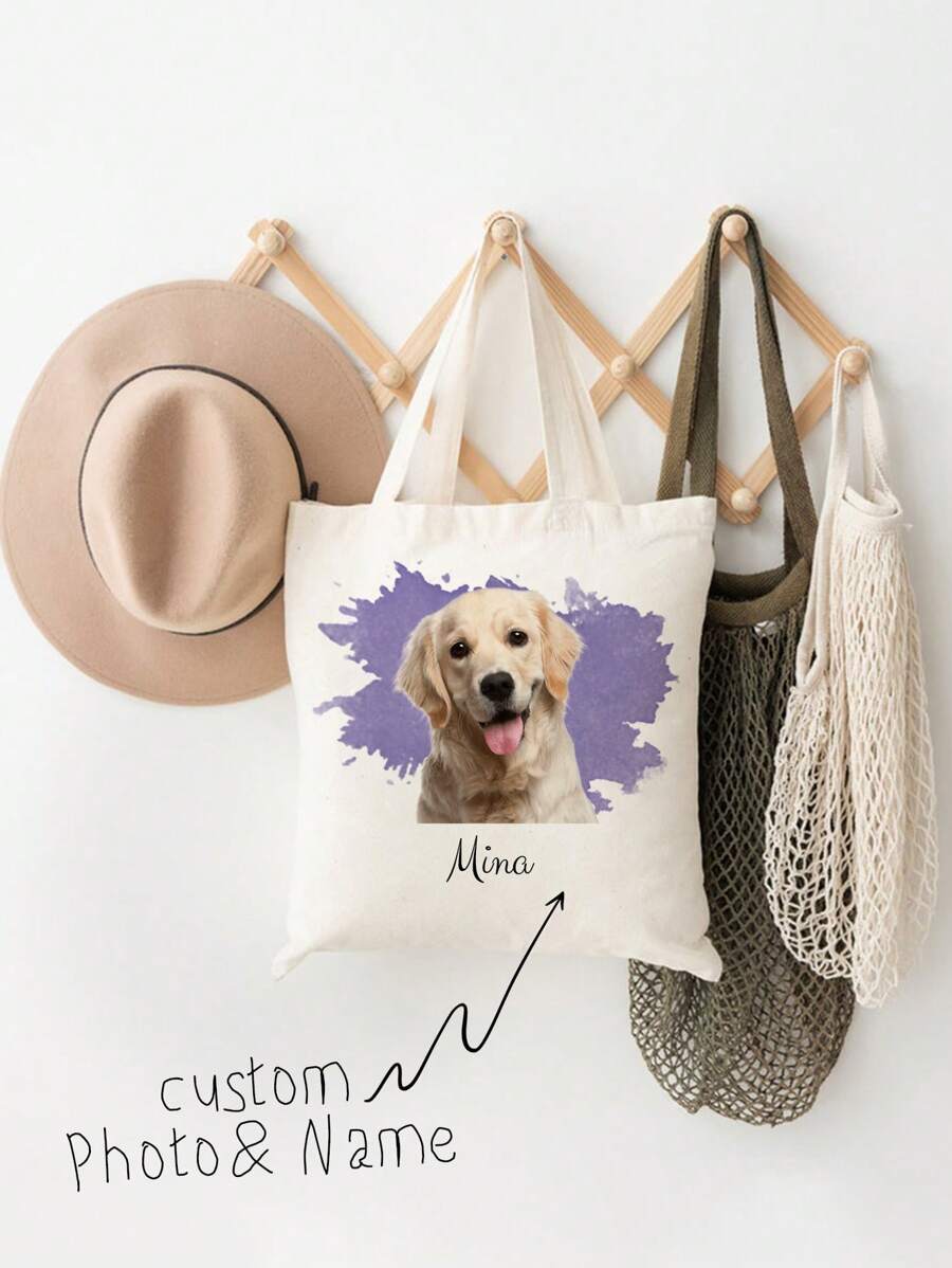 1pc Custom Pet Photo And Name Canvas Tote Bag - Personalized Pet Portrait Bag - Dog Bag For Women - Dog Mom Bag .This Personalized Tote Bag Is Light And Thin. After You've Finished Using It
