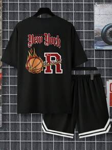 Conjunto de 2 piezas de camiseta de manga corta y pantalón corto con estampado minimalista para hombres