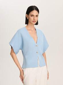 Women's Casual Solid Color Front Button Cardigan, Suitable For Summer And Autumn - Baby Blue - View 5