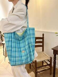 New Arrival Large Capacity Minimalist Double-Sided Reversible Checkered Canvas Tote Shoulder Bag Lightweight Commuter - Yellow - View 5