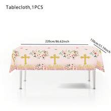 1pc Elegant Disposable Tablecloth With Floral And Cross Patterns - Plastic Party Tablecloth, Suitable For Baptism, First Communion, Confirmation, Birthday And Other Occasions - Patriotic Theme, Tableware - White - View 7