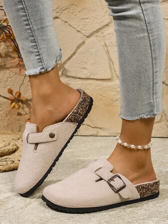 女士和青少年中性款休闲纯色舒适毛绒平底一脚蹬拖鞋，适合所有季节，纯色木质拖鞋，适合海滩、户外、家居，加大码