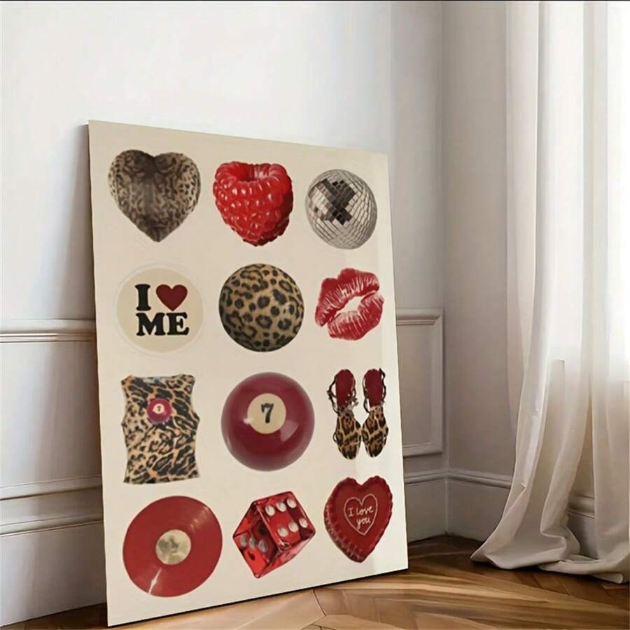 1/3 件套复古迪斯科拼贴画带框、无框墙面艺术 - 红色豹纹嘴唇和复古心形帆布装饰，带有大胆黑/白色点缀的装饰艺术风格海报，室内/室外可用于客厅、卧室、办公室、农舍、音乐室装饰 - 彩色 - 查看 1