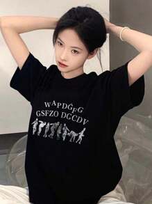 Women's Loose Black Printed T-Shirt - Short Sleeves, Loose Fit, Machine Washable, Japanese Text, Panda Pattern Design