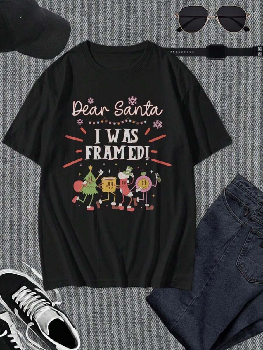 Camisetas navideñas para parejas - Pijamas a juego para las fiestas - Camisetas divertidas retro - Conjuntos de fiesta de Navidad de algodón negro - ¡El regalo perfecto de Navidad! ¡Me incriminaron! ¡No admito nada! - Negro - Ver 1
