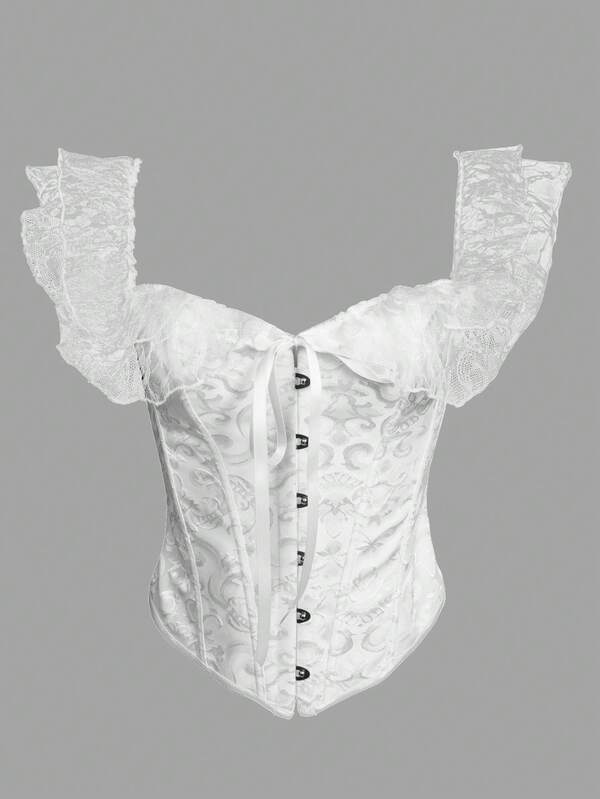 Korsett-Kleid im Palast-Stil mit Taille-Formung, Frontknöpfen, Rückenlacierung, Fischgrätmuster, Spitzenapplikation, Schulterfrei, modisch-vintager Stil, Damen Korsett