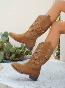 Damen Stiefel bis zur Wade mit Stickerei, neue kurze Stiefel für Frühling/Herbst, Stiefel mit Plateauabsatz im Vintage Stil, Cut Out Western Langstiefel, Sommerstrand