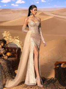 Faeriesty Vestido de noche elegante con escote de lentejuelas con efecto de esmalte, con cobertura de manga desprendible, panel lateral asymmétrico y vestido de Mermaid con abertura alta en el muslo - perfecto para galas de corbata negra, recepciones de boda de lujo, eventos de alfombra roja, fiestas de Año Nuevo, bailes ejecutivos de caridad