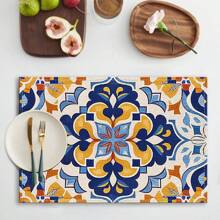 A Set Of 4/6pcs With Blue Patterns, Table Placemats, Made Of Machine Washable Polyester Fiber, This Rectangular Heat-Resistant Placemat Is Heat-Resistant, Stain Resistant, Waterproof, And Easy To Clean. It Is Suitable For Desktop Decoration, Holiday Party Decoration, And Desktop Protection, And Is Suitable For Both Home And Outdoor Use