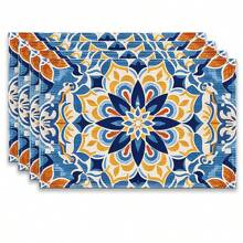 A Set Of 4/6pcs With Blue Patterns, Table Placemats, Made Of Machine Washable Polyester Fiber, This Rectangular Heat-Resistant Placemat Is Heat-Resistant, Stain Resistant, Waterproof, And Easy To Clean. It Is Suitable For Desktop Decoration, Holiday Party Decoration, And Desktop Protection, And Is Suitable For Both Home And Outdoor Use