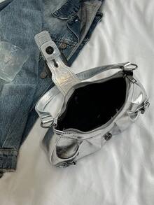 1pc Women's Vintage Biker/Motorcycle Punk Style Rivet Decor Adjustable Strap High Capacity Soft Faux Oil Wax Gradient Color Leather Crossbody/Underarm Bag, Suitable For Work, Commute, Date, Party - Silver - View 7