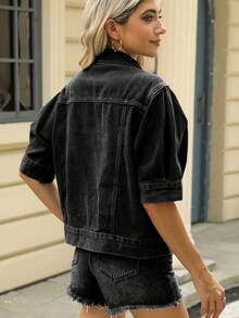 Women Denim Jacket, Short Sleeve Turn-Down Collar Button Closure Solid Casual Jacket Streetwear - 深灰色 - 查看 2