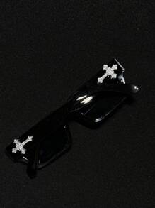 POLASUP 1pc Men/Women Rhinestone Cross Decor Polycarbonate Anti-Explosion Lens Fashion Glasses, Sports Casual Street Retro Flat Top Copper Hinge Non-Plastic Hinge UV Protection Sunglasses (Comes With Glasses Strap And Cleaning Cloth)