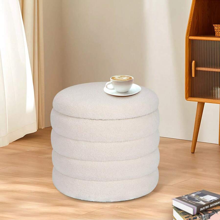 Modern Round Storage Ottoman Teddy Footrest Vanity Chair Stool Footstool Bedroom - White - View 1