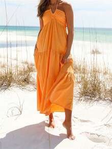 Women Summer Halter Neck Dress Casual Ruffle Hem Solid Color Backless Party Dress For Beach Club Streetwear - 橘色 - 查看 4