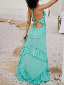 Women Y2K Summer Boho Long Dress Sleeveless Deep V Neck Halter Neck Layered Ruffle Maxi Dress Flowy Swing Beach Dress - Mint Blue - View 2